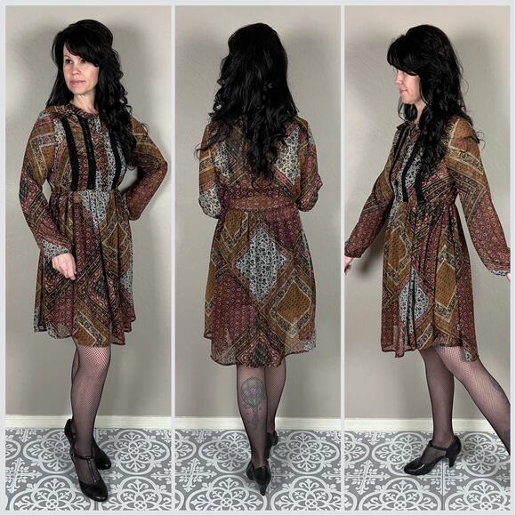 Vintage Y2K Patchwork Print Long Sleeve Sheer Babydoll Dress - Picture 3 of 8